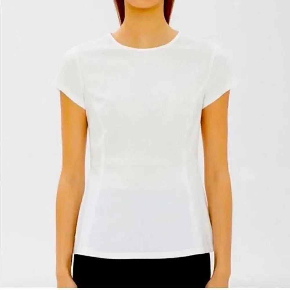 Theory White Carrian Precise Short Sleeve Peplum Blouse Top Size L